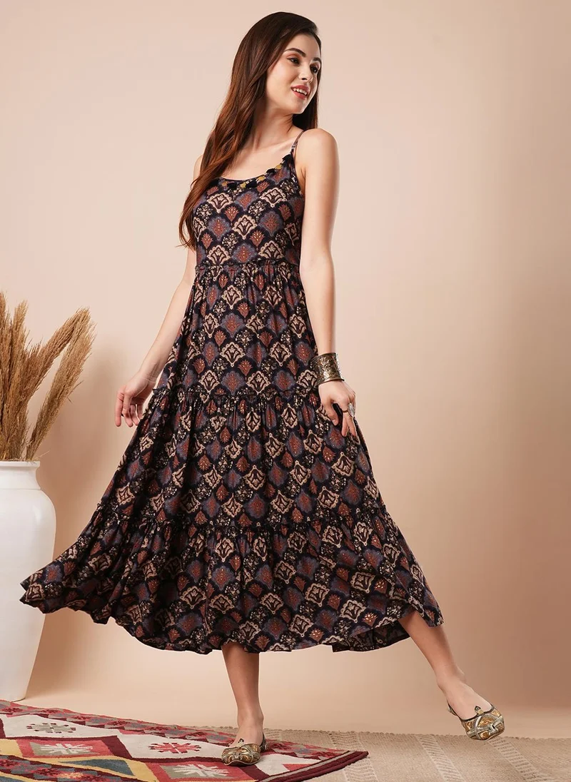 جلو باص Globus Women Printed Cotton Shoulder Straps Fit & Flared Tiered Midi Dress